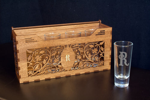 engraved wooden shot box